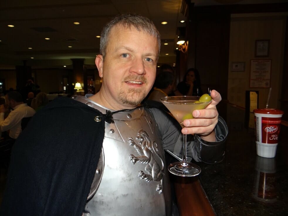 A Knightcap David dressed as a knight with a martini